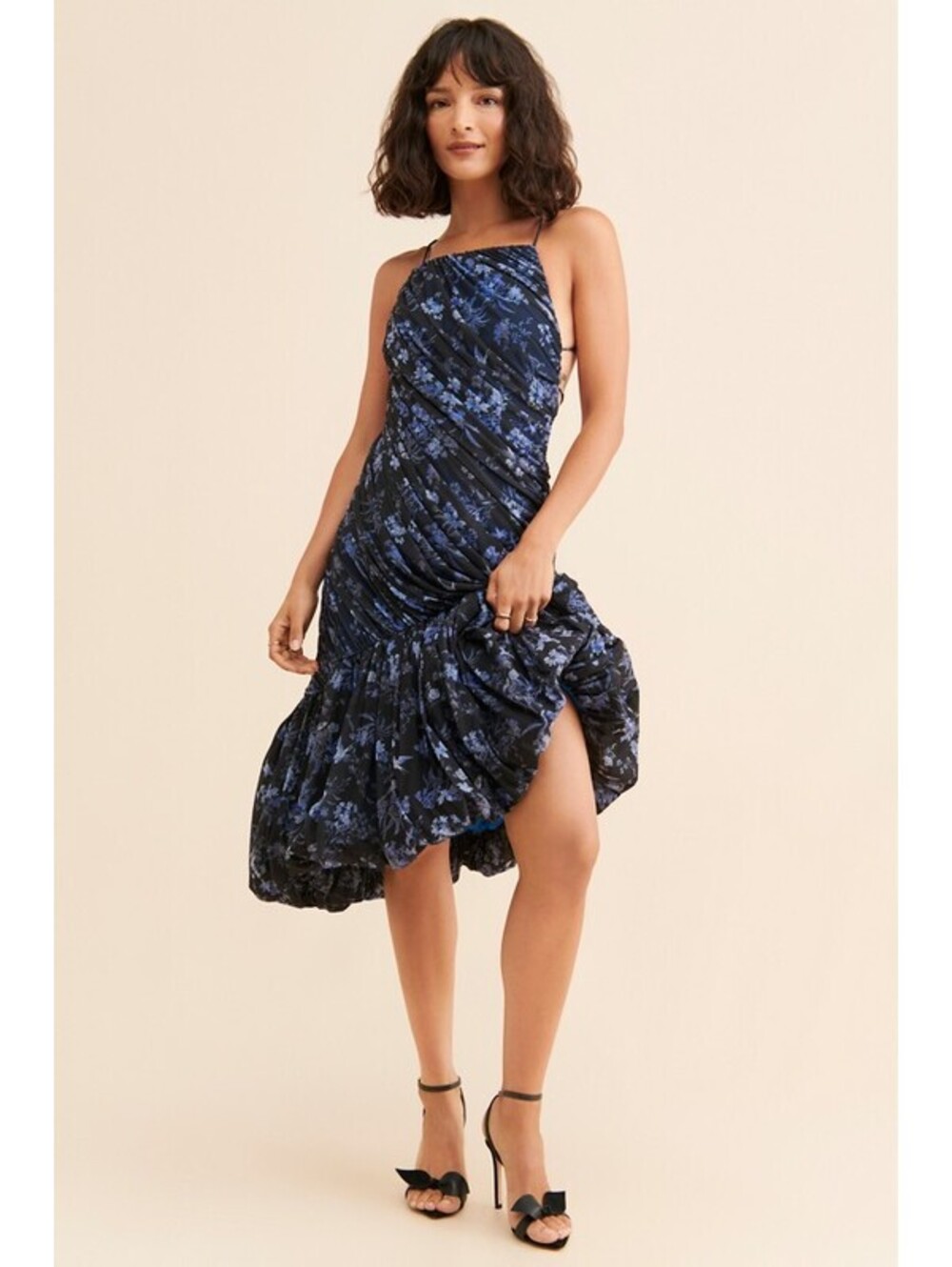 Anthropologie x Let Me Be - Black and Blue Floral Ruched Midi Dress, Size MP
